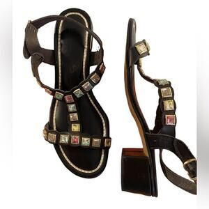 Vintage Signals Sandals Womens 7 Black Leather Faux Stones Gems Open Ankle Strap